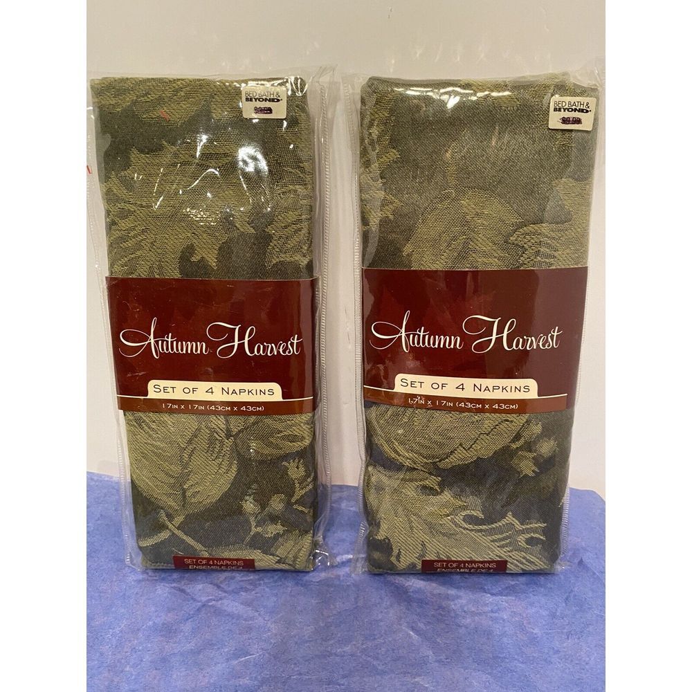 Bed Bath & Beyond Autumn Harvest Damask Green Fall Napkins 2 Pks Of 4Pc Set-New.